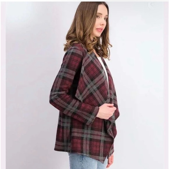 NWT BB Dakota Checkered Cardigan in Bordeaux Burgundy Combo Size Medium - Picture 2 of 8